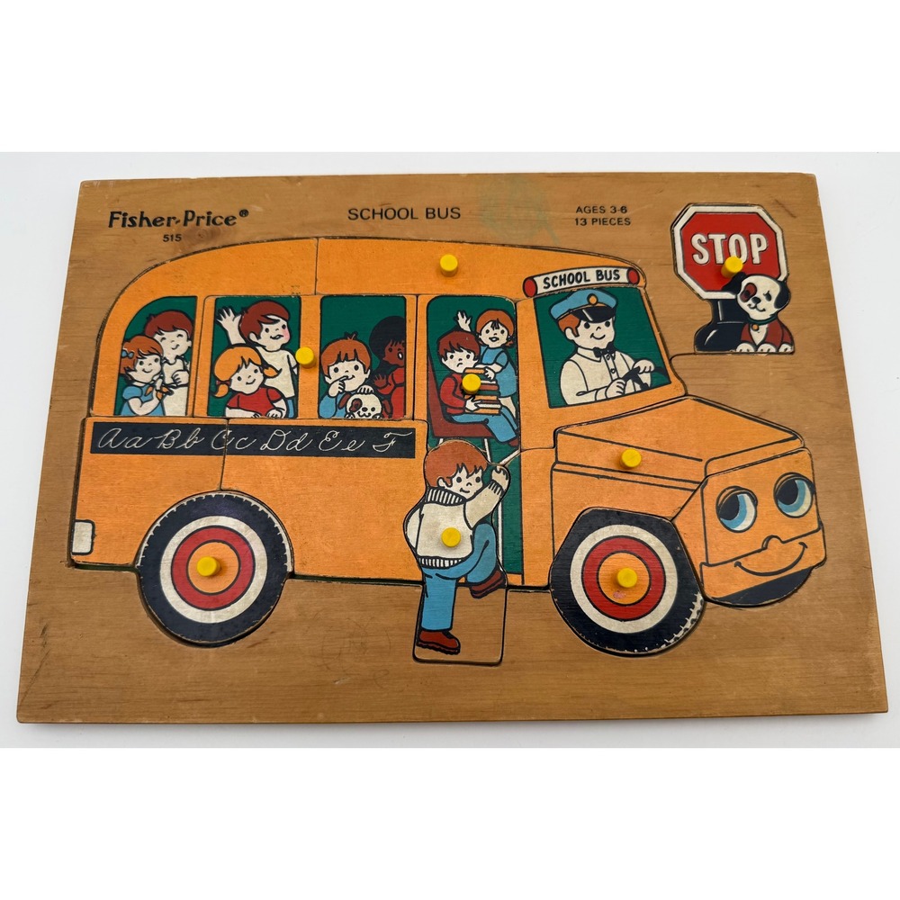 Vintage Fisher-Price 515 School Bus Wooden Peg Puzzle 13 Piece 1970s Quaker Oats